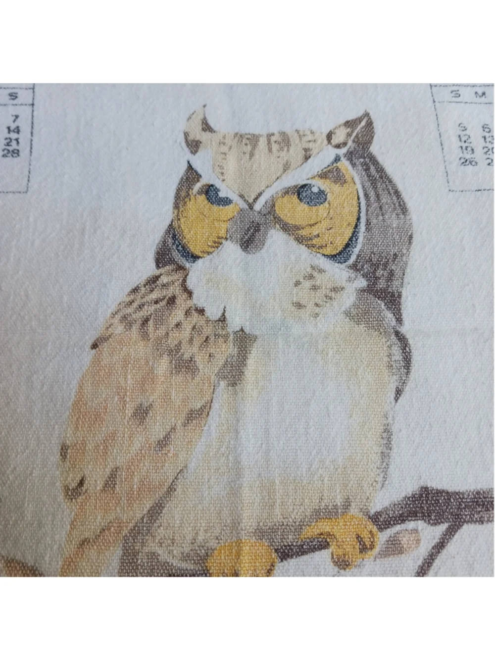 VTG 1983 Owl Calendar Tea Towel Linen Cottagecore 80s Wall Hanging